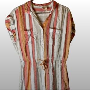 JAPNA White/Multi  STRIPED TWILL BUTTON-UP Cinch Waist Shift Shirt Dress L Boho